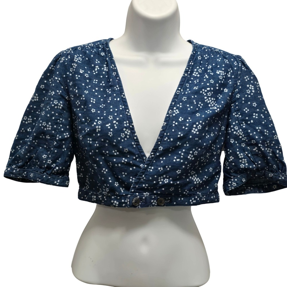 Free People Women Chambray Ditsy Floral Dot‎ Linen Blend Cropped Top Size 0 XXS